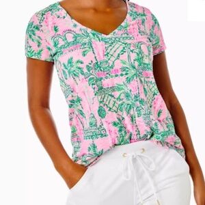 Lilly Pulitzer Etta tropical neon pink green v neck short sleeve shirt top